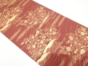 霞に流水・菊・萩模様織り出し　袋帯